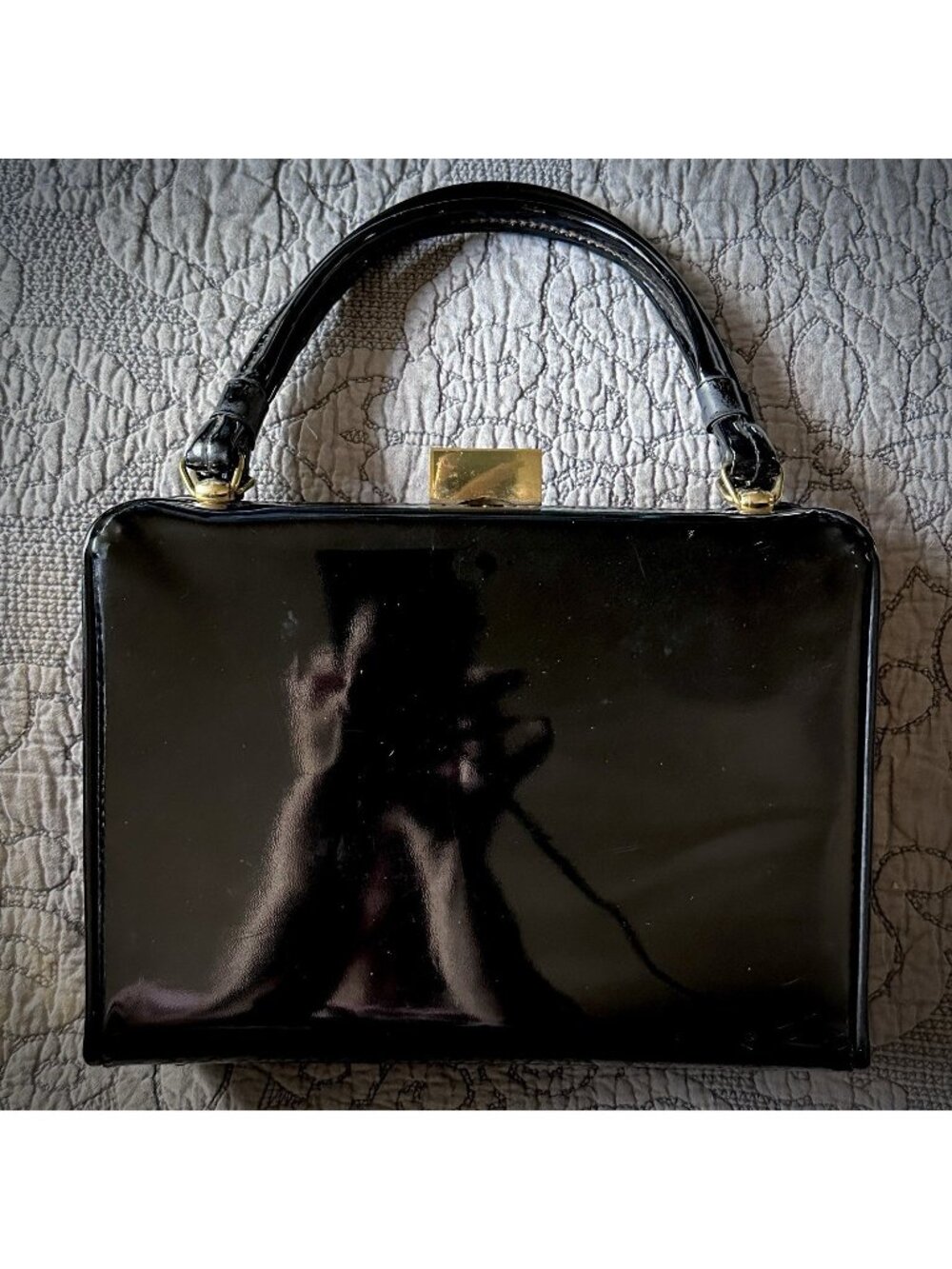 Black Patent Glossy Top Handle Bag Vintage 60s Glam Gothic Purse